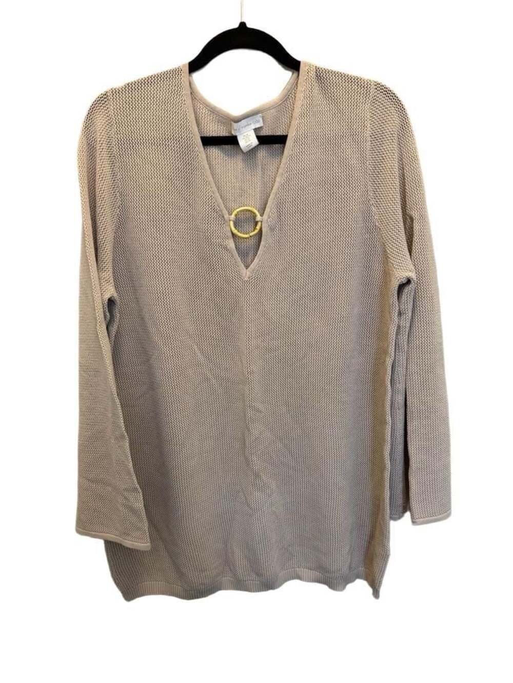 House of Harlow 1960 Crochet Knit V-Neck Sweater Top with Bamboo Ring Accent